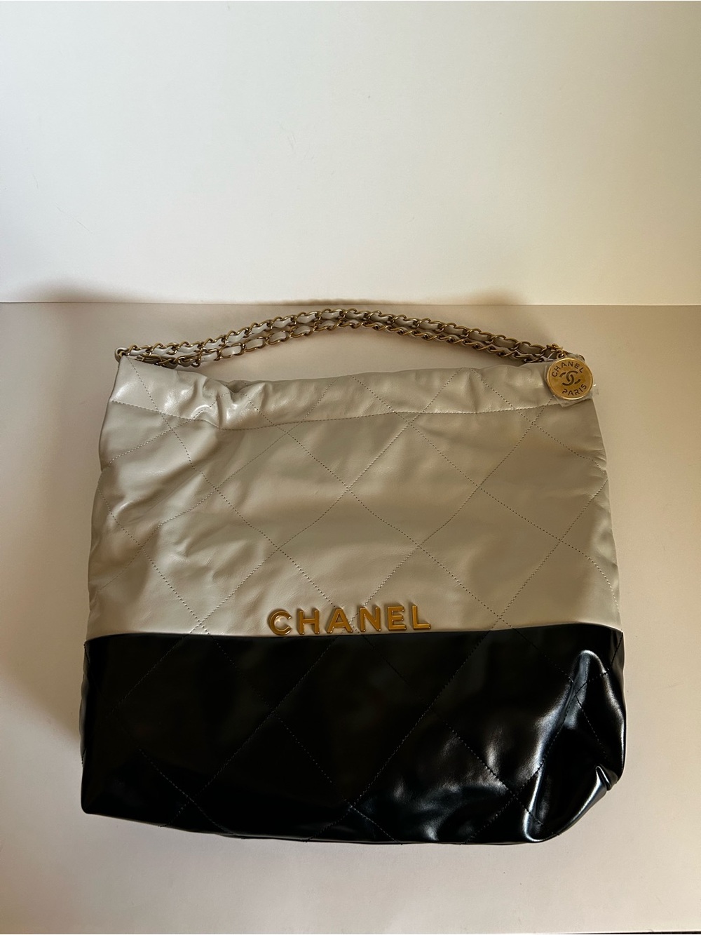 CHANEL Quilted Two-Tone Shoulder Hobo in Cream and Black